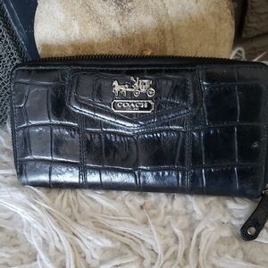 Coach Black Croc-Embossed Zip-Around Wallet